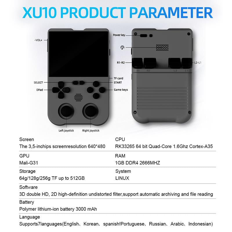 AMPOWN XU10 3.5 Inch Handheld Game Console for Summer, Retro 64G High-End Gaming Console, Dual Card Slot Support TF Card Expansion to 512GB, Support C2C Charger Protection White-64G